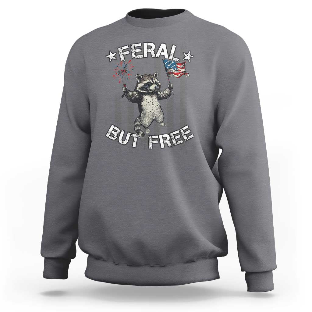 Funny 4th Of July Sweatshirt Feral But Free Raccoon American Flag - Wonder Print Shop