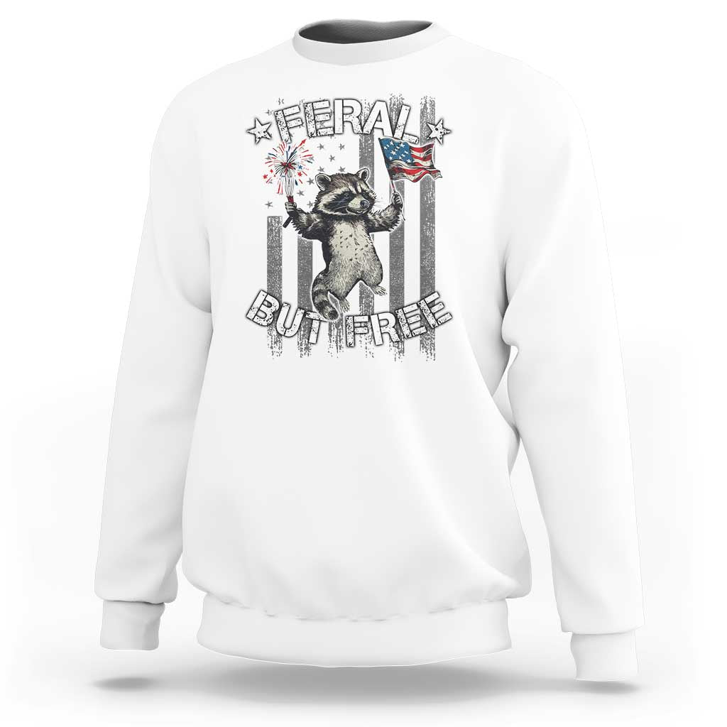 Funny 4th Of July Sweatshirt Feral But Free Raccoon American Flag - Wonder Print Shop