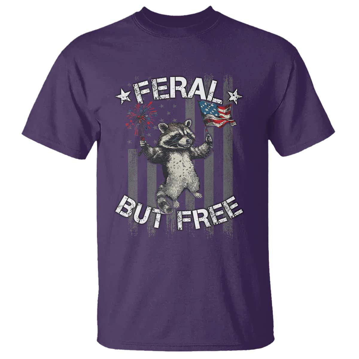 Funny 4th Of July T Shirt Feral But Free Raccoon American Flag - Wonder Print Shop