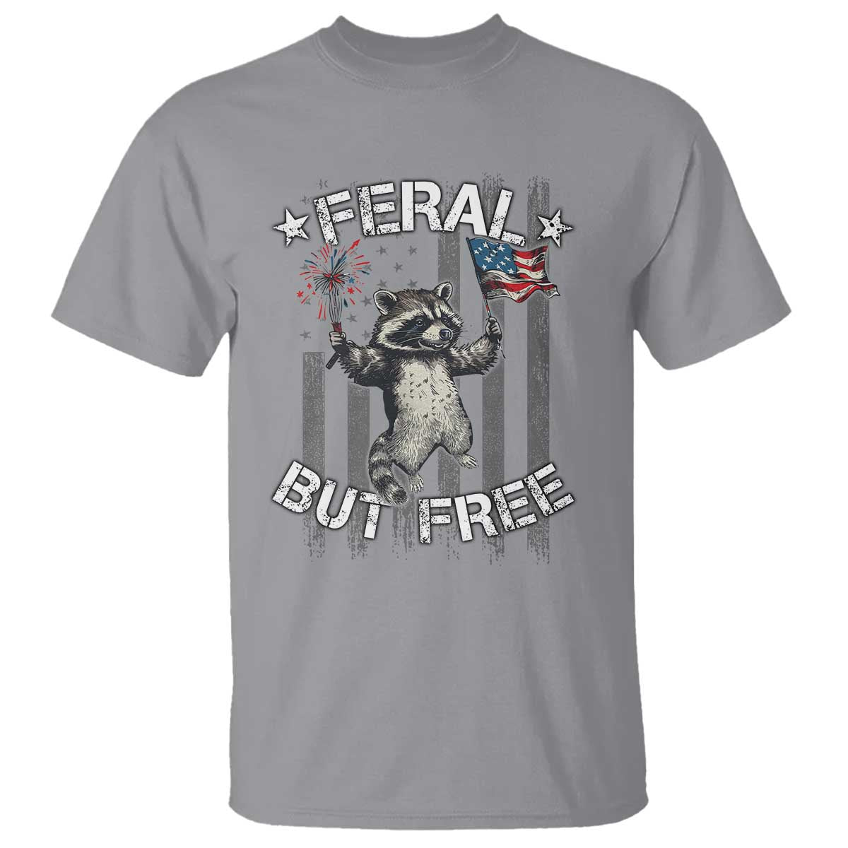 Funny 4th Of July T Shirt Feral But Free Raccoon American Flag - Wonder Print Shop