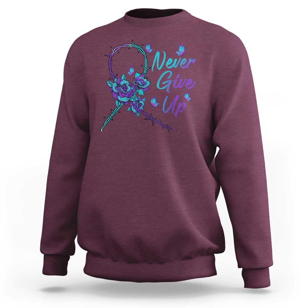 Suicide Prevention Roses Ribbon Never Give Up Sweatshirt - Wonder Print Shop