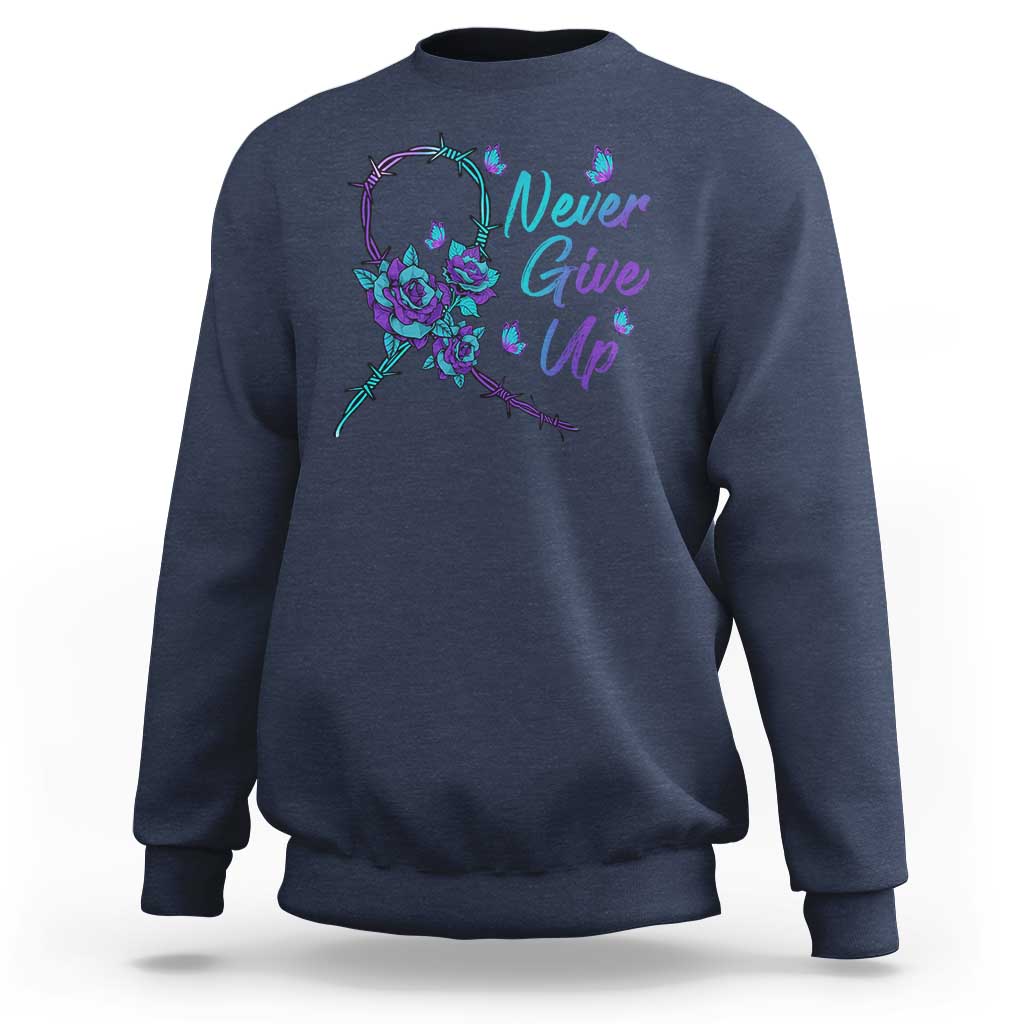 Suicide Prevention Roses Ribbon Never Give Up Sweatshirt - Wonder Print Shop