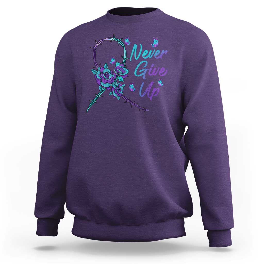 Suicide Prevention Roses Ribbon Never Give Up Sweatshirt - Wonder Print Shop