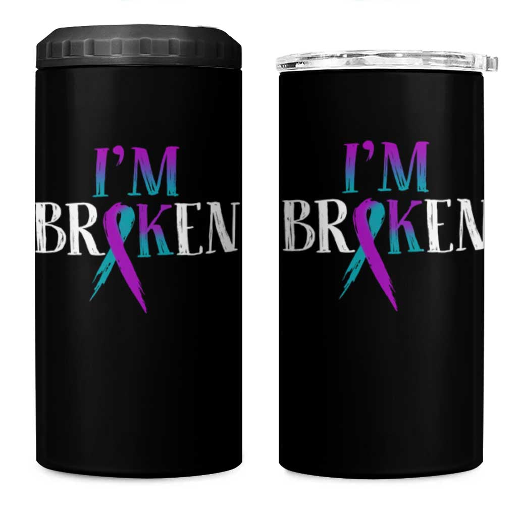 Suicide Prevention 4 in 1 Can Cooler Tumbler I'm Ok Broken Teal And Purple Ribbon