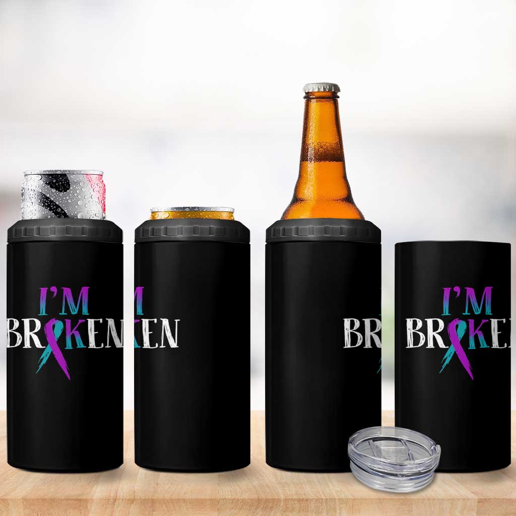 Suicide Prevention 4 in 1 Can Cooler Tumbler I'm Ok Broken Teal And Purple Ribbon