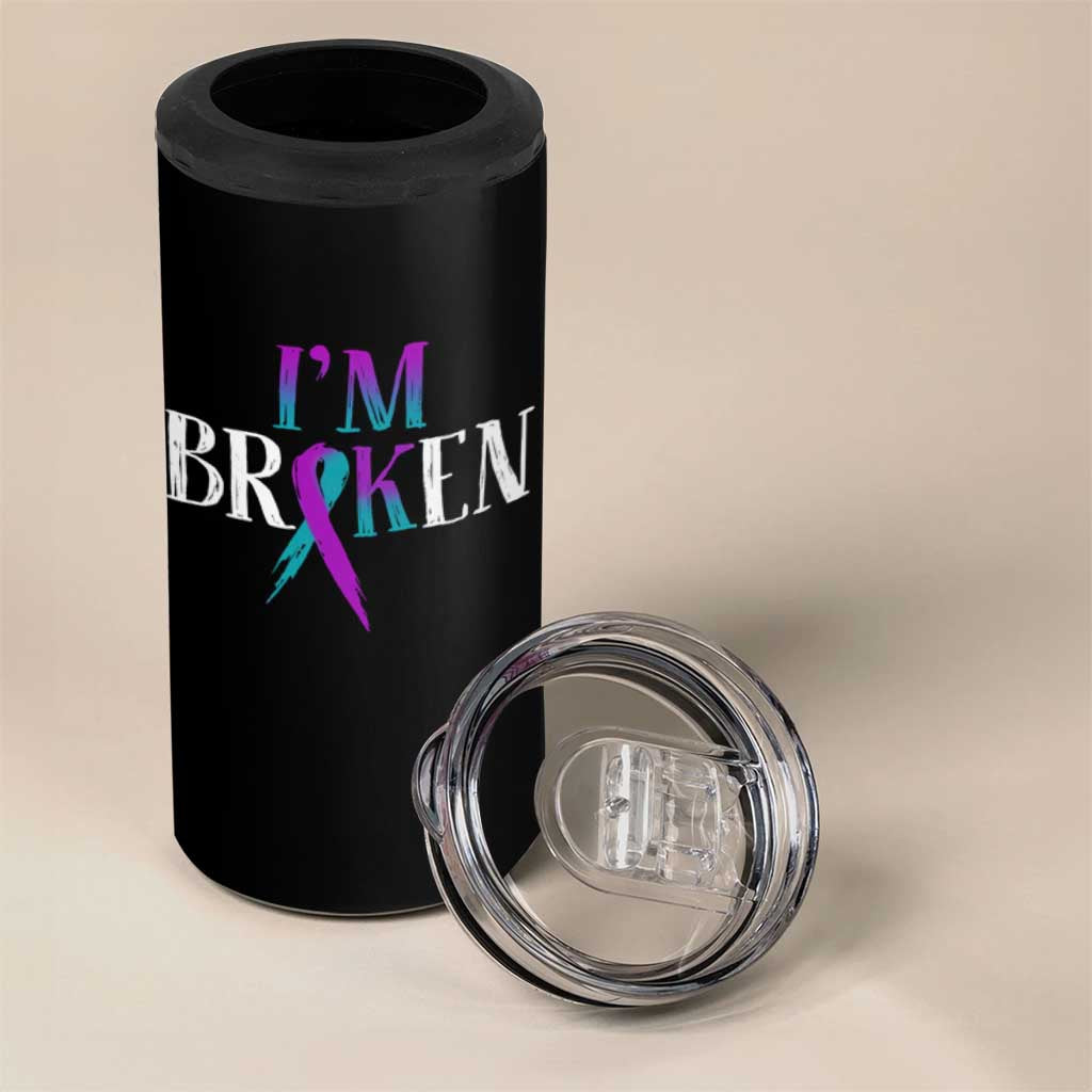 Suicide Prevention 4 in 1 Can Cooler Tumbler I'm Ok Broken Teal And Purple Ribbon