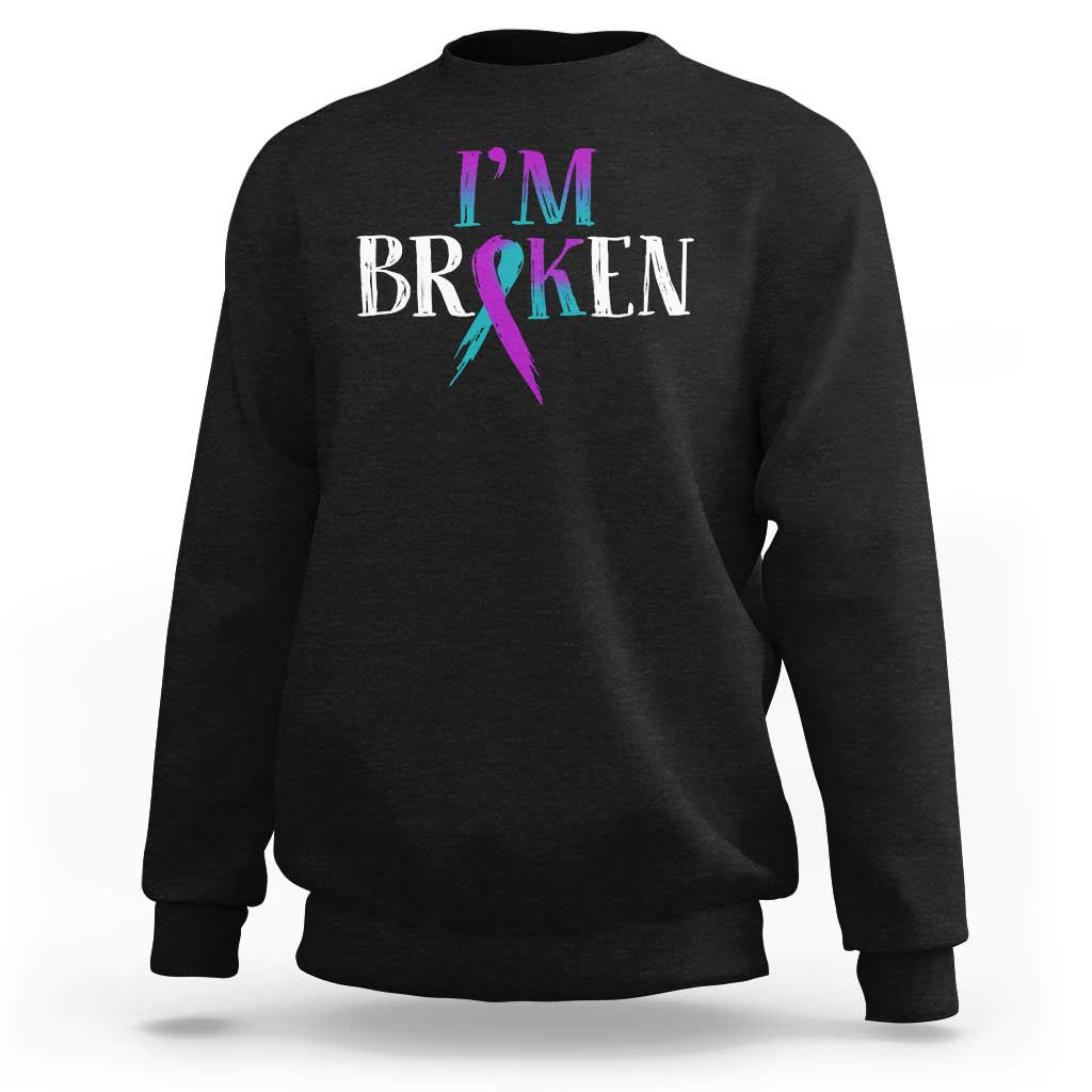 Suicide Prevention Sweatshirt I'm Ok Broken Teal And Purple Ribbon - Wonder Print Shop