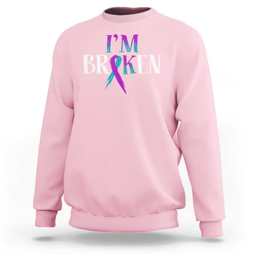 Suicide Prevention Sweatshirt I'm Ok Broken Teal And Purple Ribbon - Wonder Print Shop