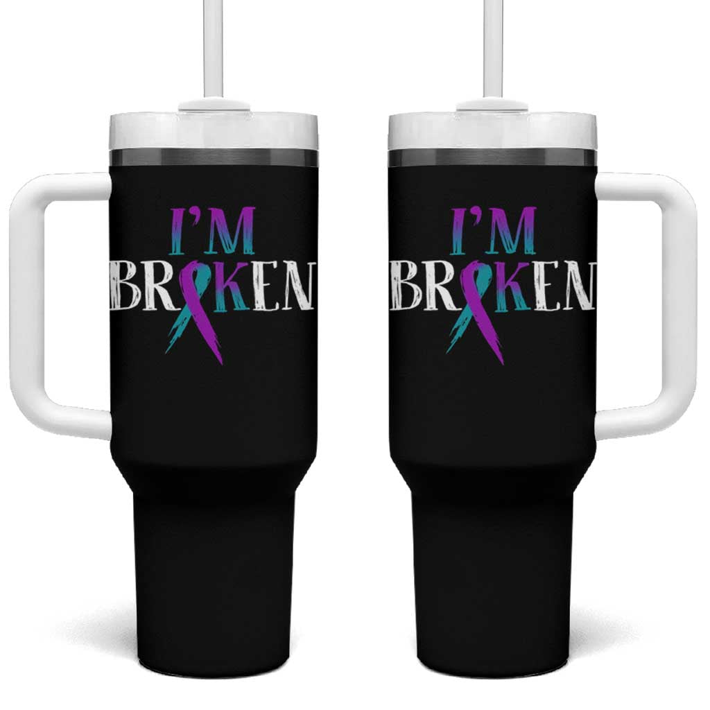 Suicide Prevention Tumbler With Handle I'm Ok Broken Teal And Purple Ribbon