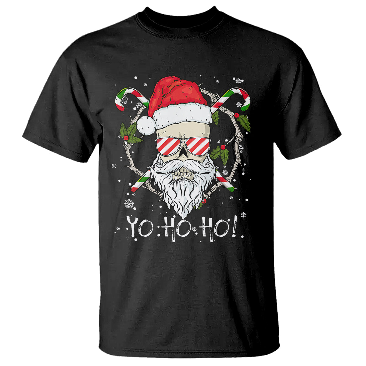 Christmas T Shirt Skull Santa Beard Sunglass Candy Cane - Wonder Print Shop