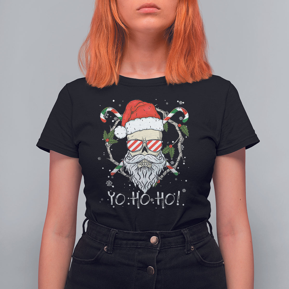 Christmas T Shirt For Women Skull Santa Beard Sunglass Candy Cane - Wonder Print Shop