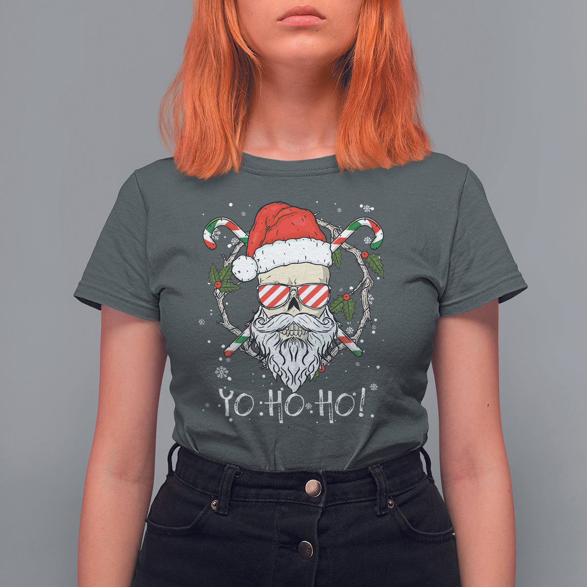 Christmas T Shirt For Women Skull Santa Beard Sunglass Candy Cane - Wonder Print Shop