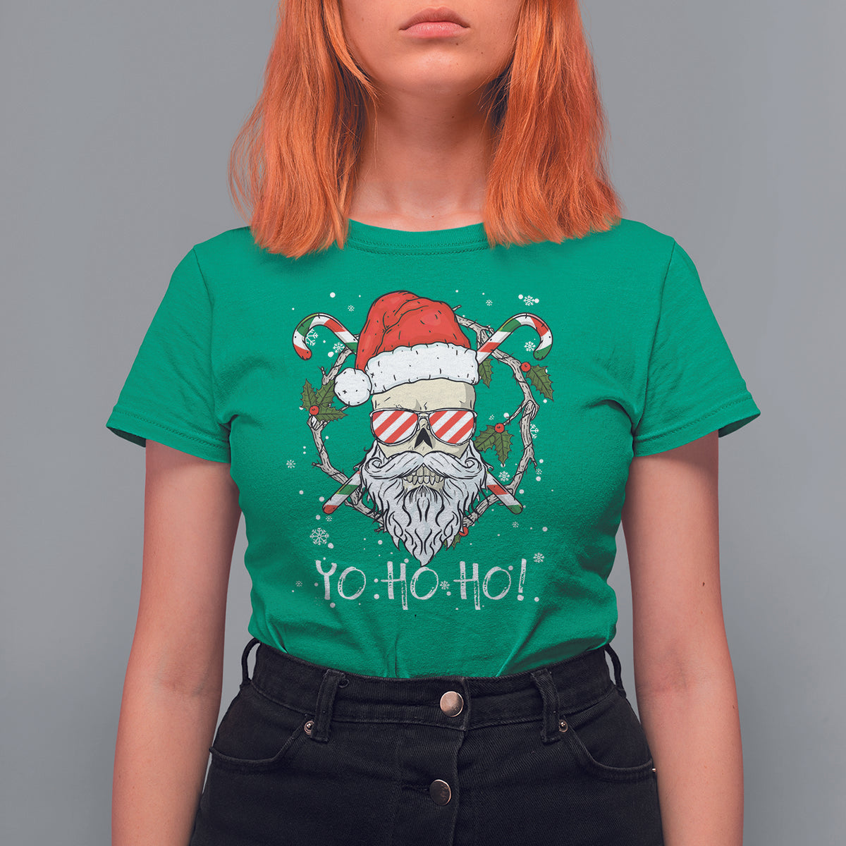 Christmas T Shirt For Women Skull Santa Beard Sunglass Candy Cane - Wonder Print Shop