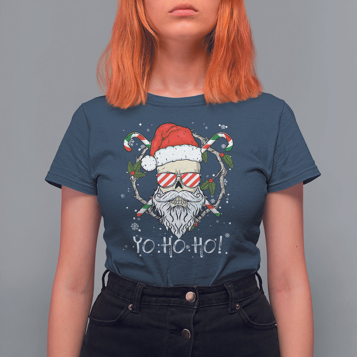 Christmas T Shirt For Women Skull Santa Beard Sunglass Candy Cane - Wonder Print Shop