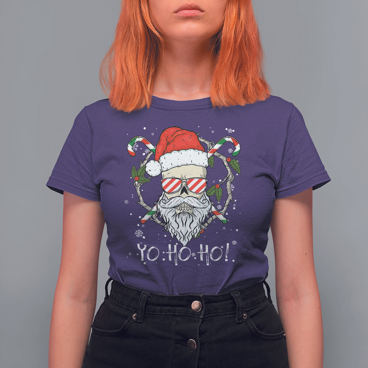 Christmas T Shirt For Women Skull Santa Beard Sunglass Candy Cane - Wonder Print Shop