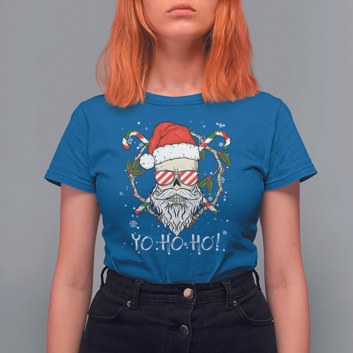 Christmas T Shirt For Women Skull Santa Beard Sunglass Candy Cane - Wonder Print Shop