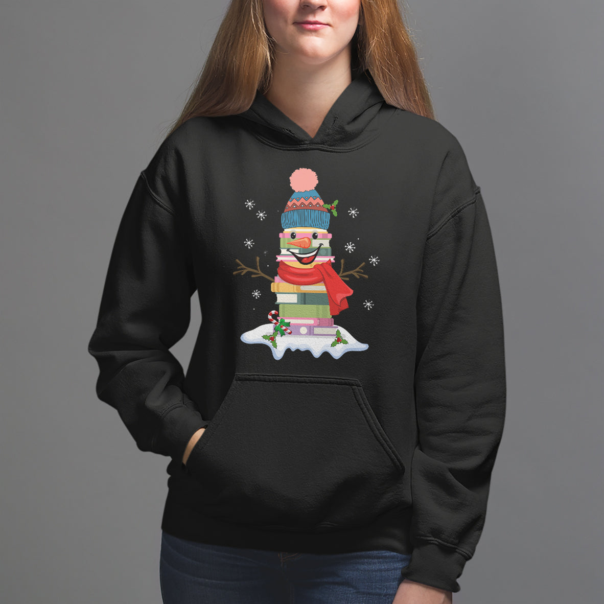 Christmas Hoodie Snowman Library Book Stack Winter Librarian - Wonder Print Shop
