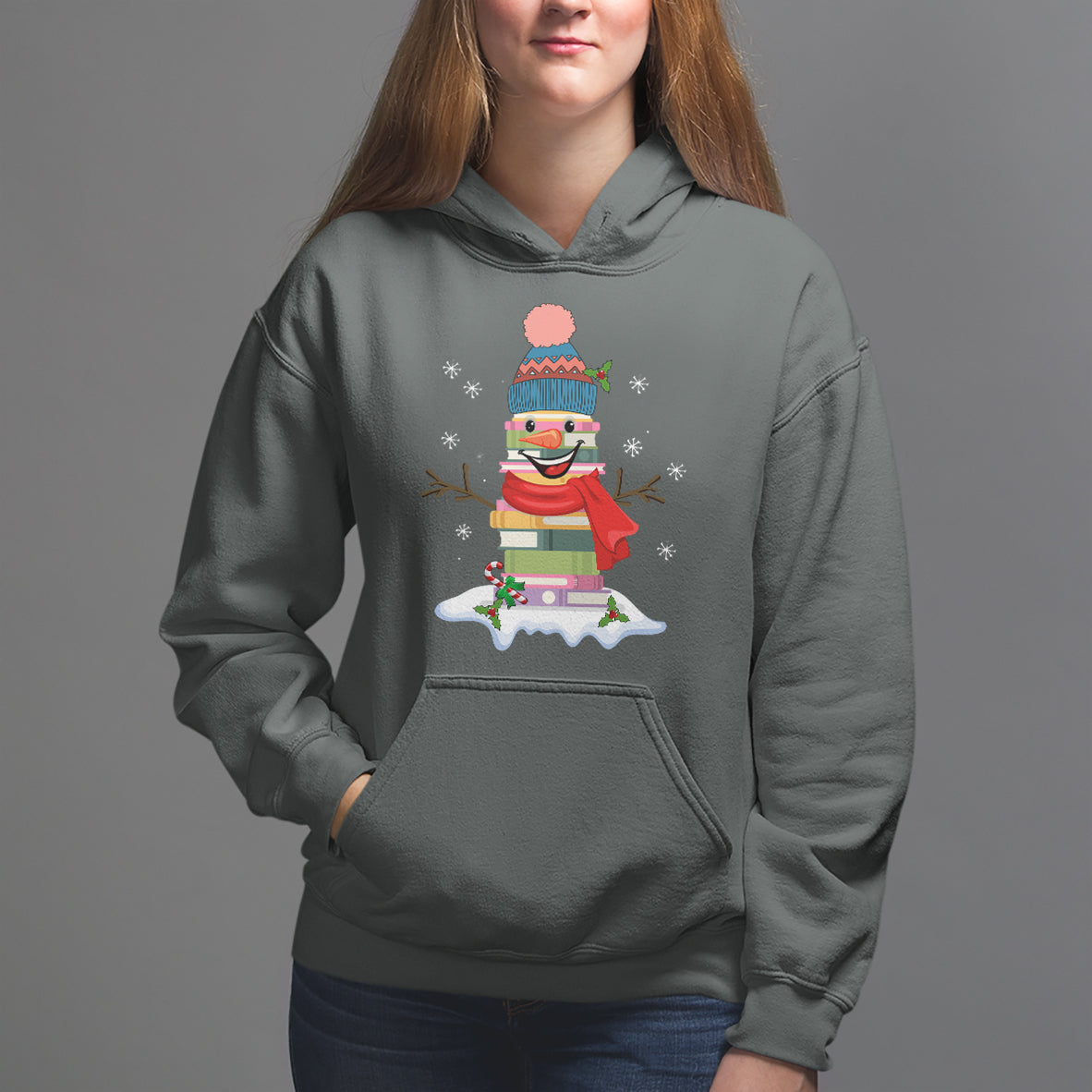 Christmas Hoodie Snowman Library Book Stack Winter Librarian - Wonder Print Shop