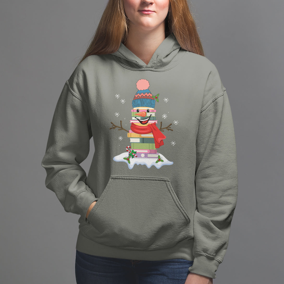Christmas Hoodie Snowman Library Book Stack Winter Librarian - Wonder Print Shop