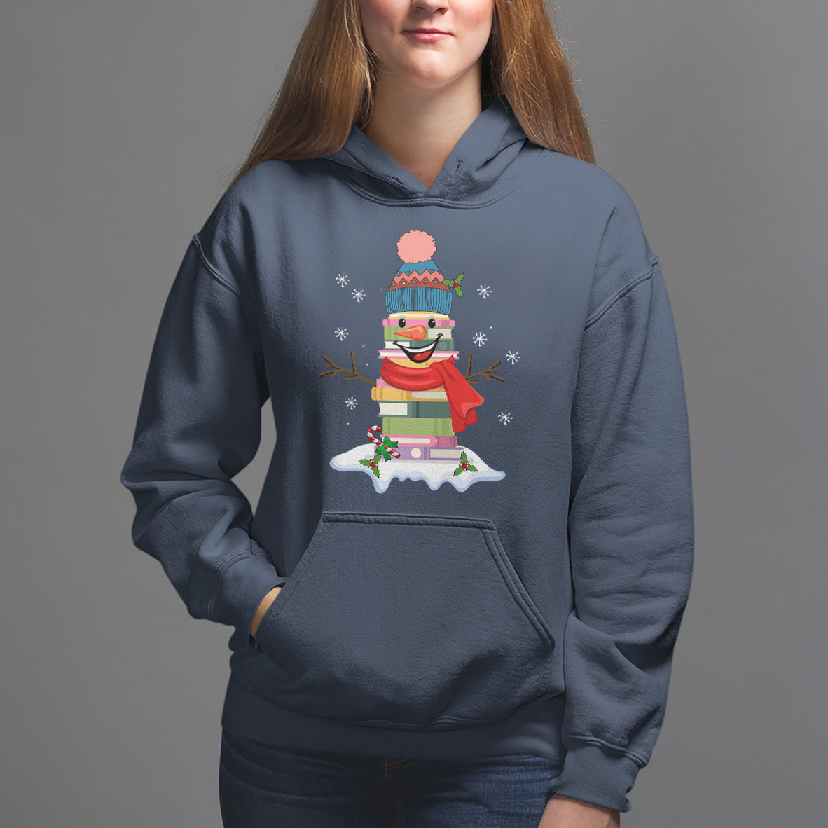 Christmas Hoodie Snowman Library Book Stack Winter Librarian - Wonder Print Shop
