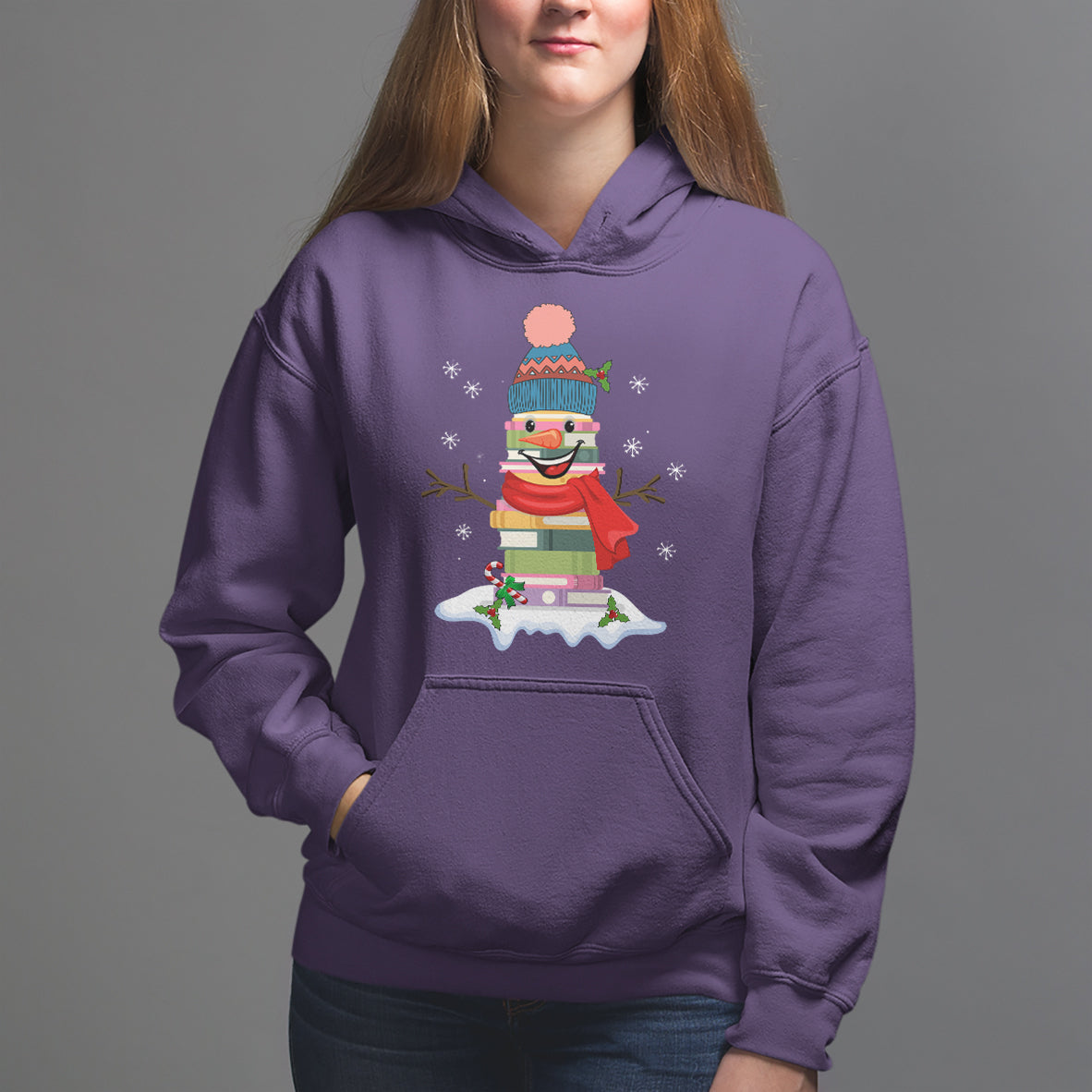 Christmas Hoodie Snowman Library Book Stack Winter Librarian - Wonder Print Shop