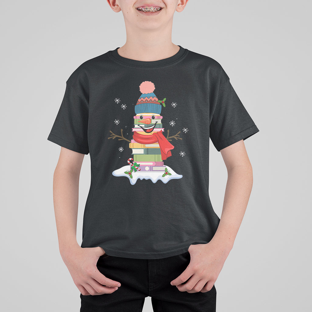 Christmas T Shirt For Kid Snowman Library Book Stack Winter Librarian - Wonder Print Shop