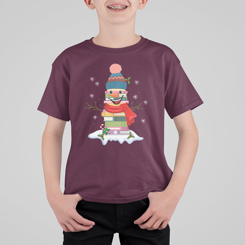 Christmas T Shirt For Kid Snowman Library Book Stack Winter Librarian - Wonder Print Shop