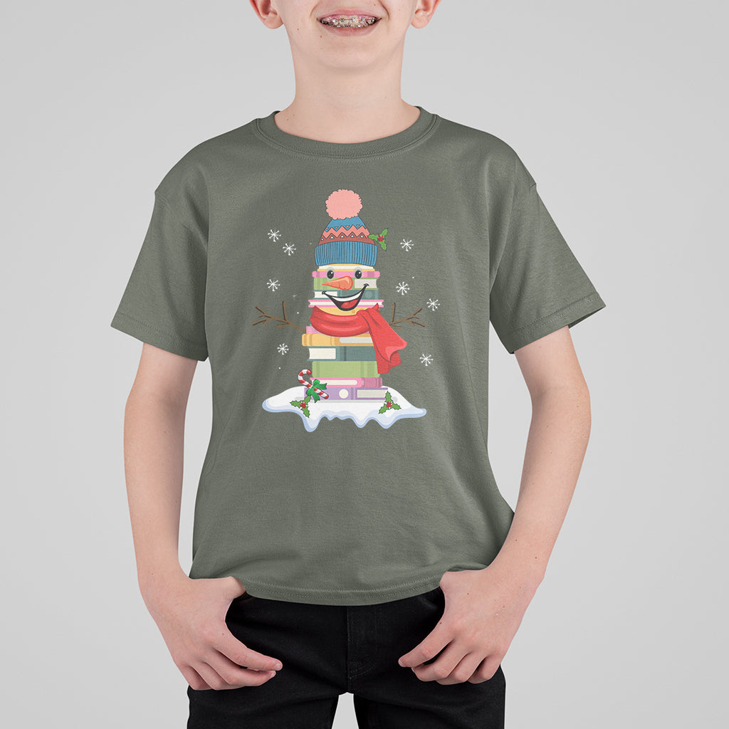 Christmas T Shirt For Kid Snowman Library Book Stack Winter Librarian - Wonder Print Shop