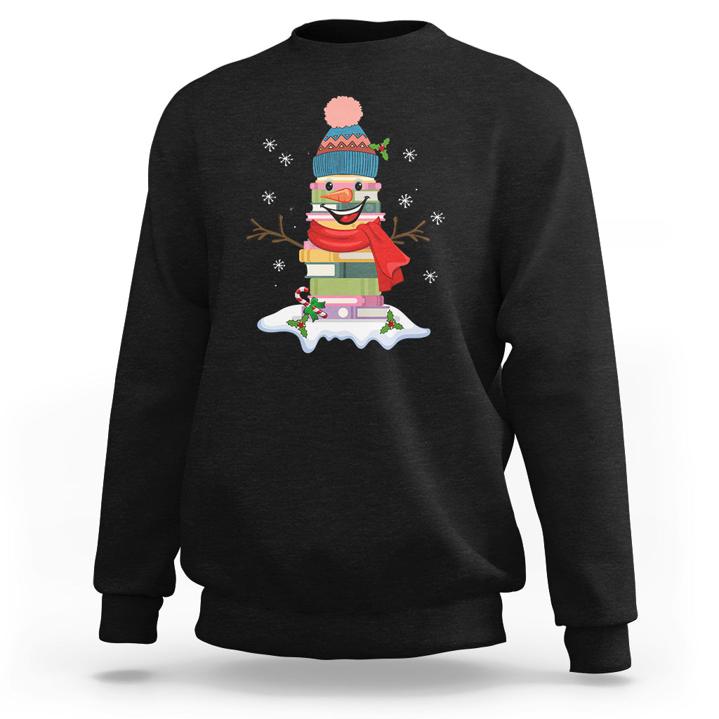 Christmas Sweatshirt Snowman Library Book Stack Winter Librarian - Wonder Print Shop
