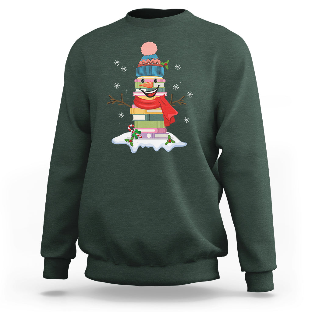 Christmas Sweatshirt Snowman Library Book Stack Winter Librarian - Wonder Print Shop