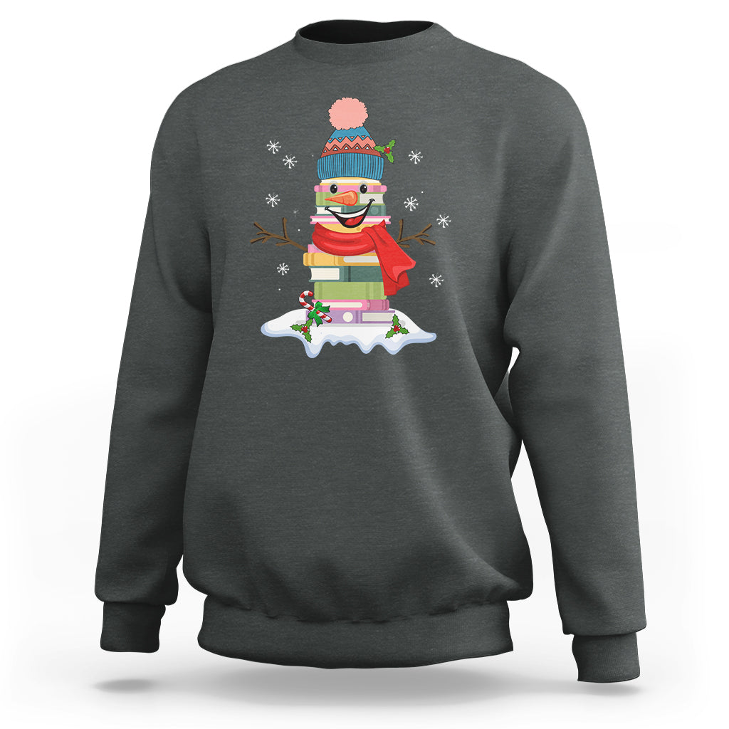 Christmas Sweatshirt Snowman Library Book Stack Winter Librarian - Wonder Print Shop
