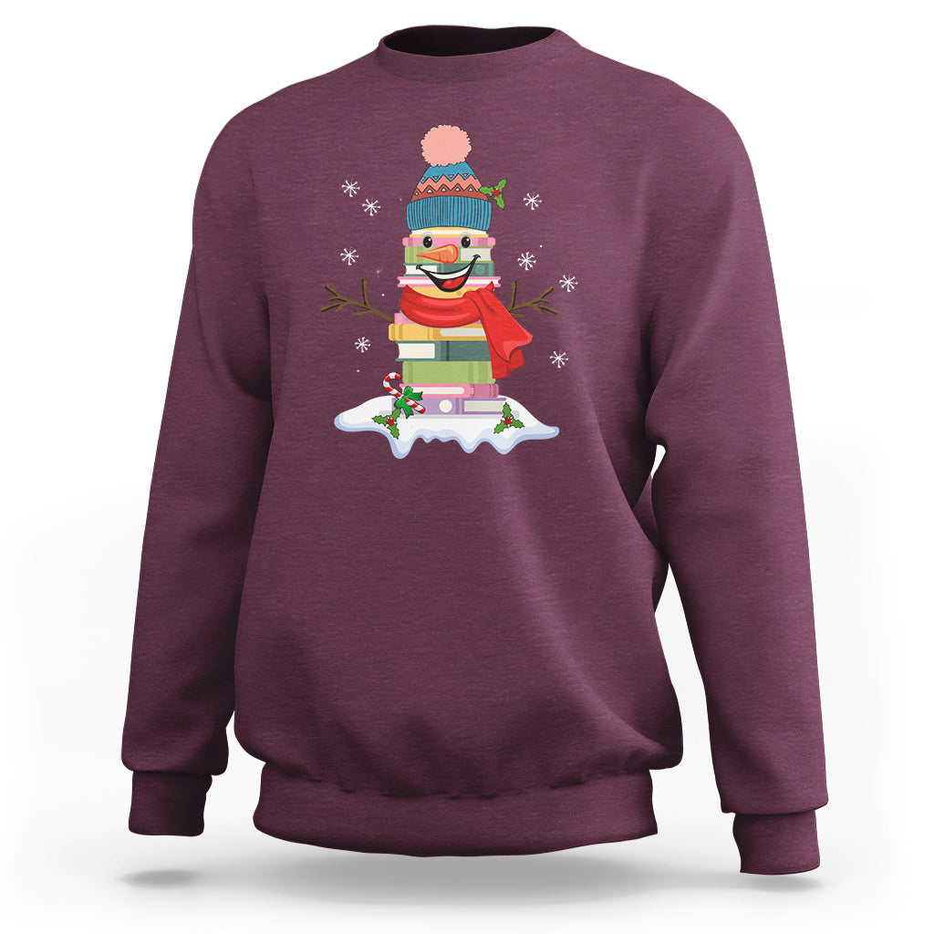 Christmas Sweatshirt Snowman Library Book Stack Winter Librarian - Wonder Print Shop