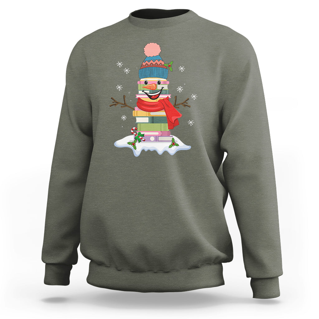 Christmas Sweatshirt Snowman Library Book Stack Winter Librarian - Wonder Print Shop