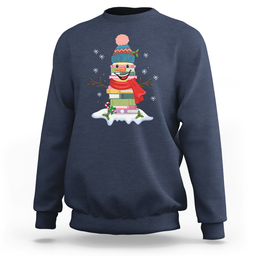 Christmas Sweatshirt Snowman Library Book Stack Winter Librarian - Wonder Print Shop