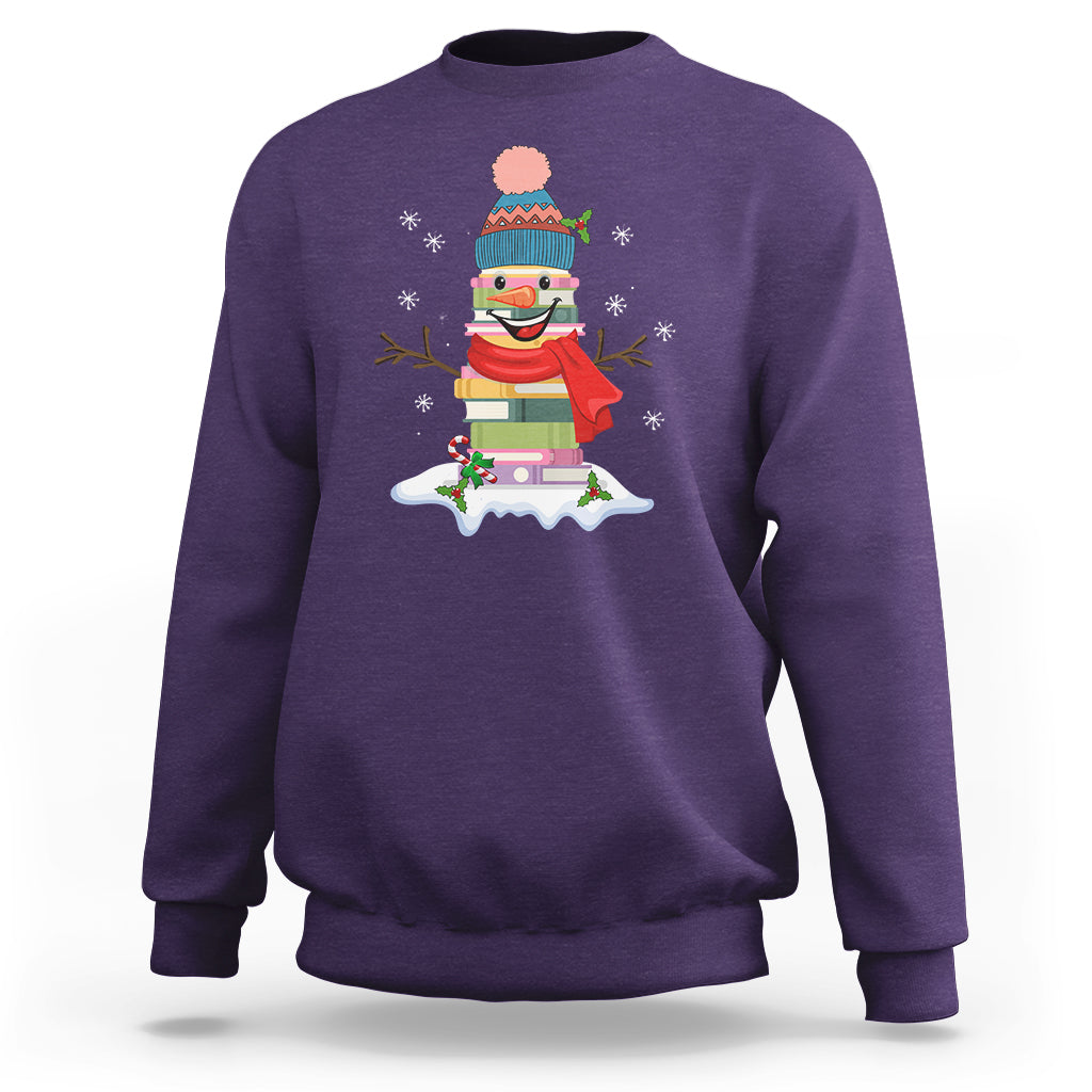 Christmas Sweatshirt Snowman Library Book Stack Winter Librarian - Wonder Print Shop