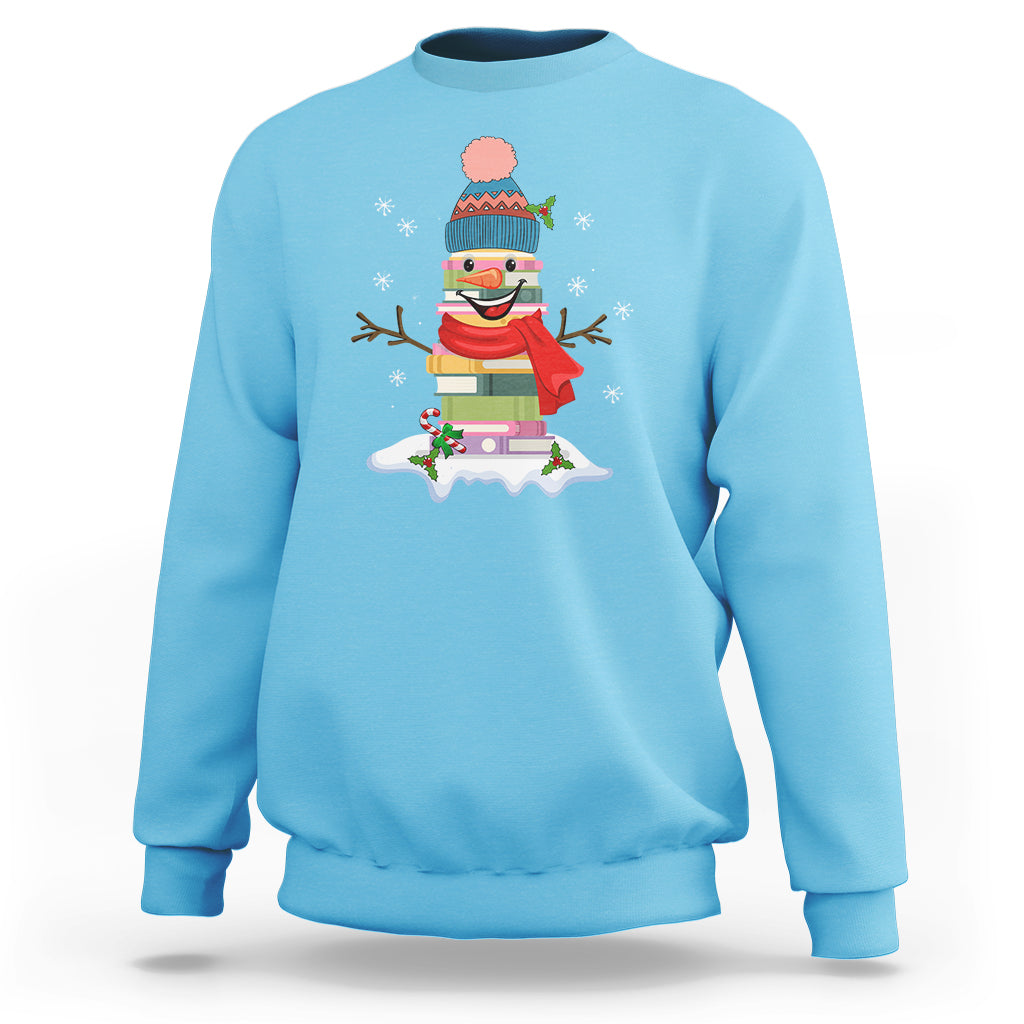 Christmas Sweatshirt Snowman Library Book Stack Winter Librarian - Wonder Print Shop