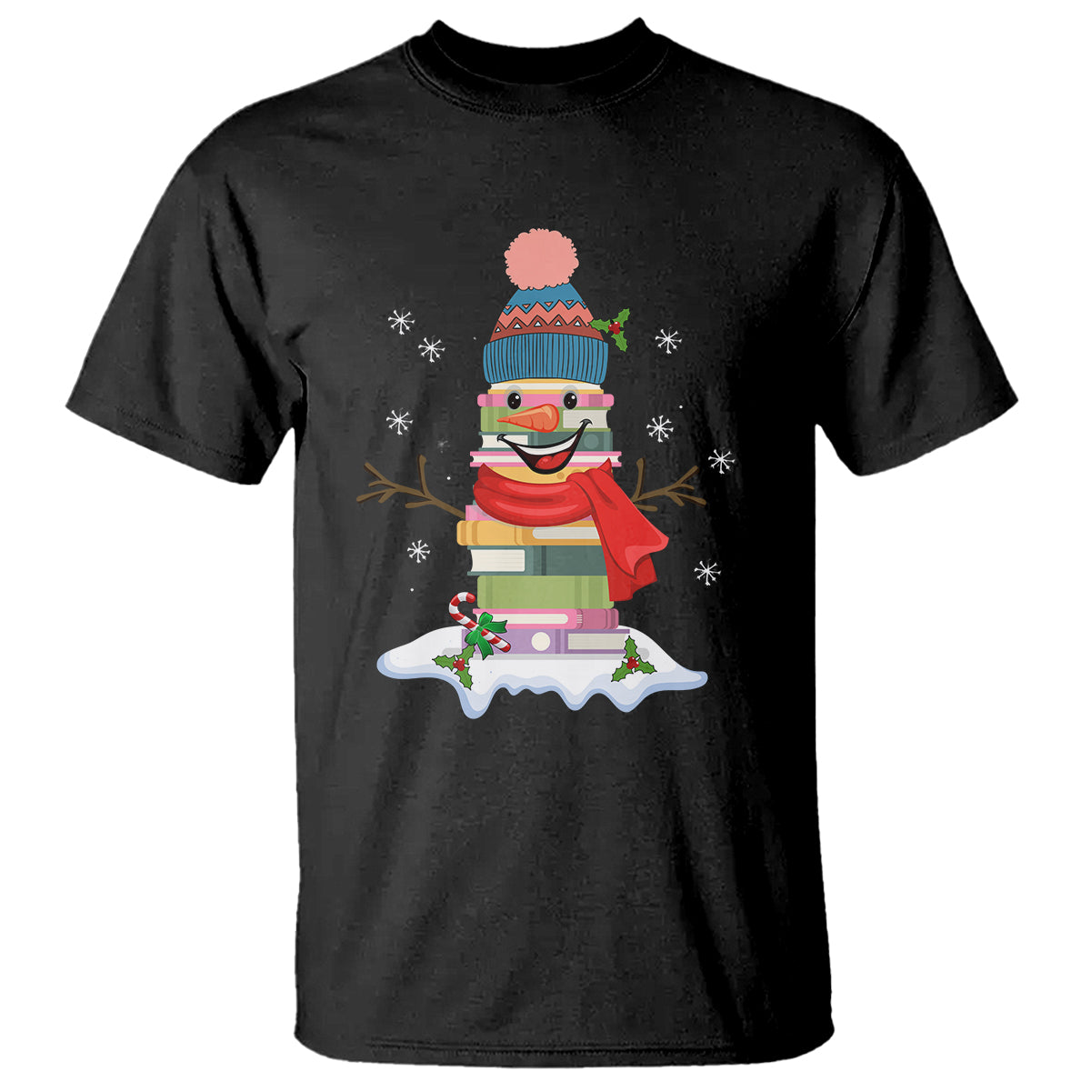 Christmas T Shirt Snowman Library Book Stack Winter Librarian - Wonder Print Shop
