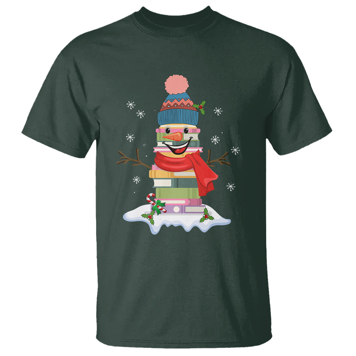 Christmas T Shirt Snowman Library Book Stack Winter Librarian - Wonder Print Shop
