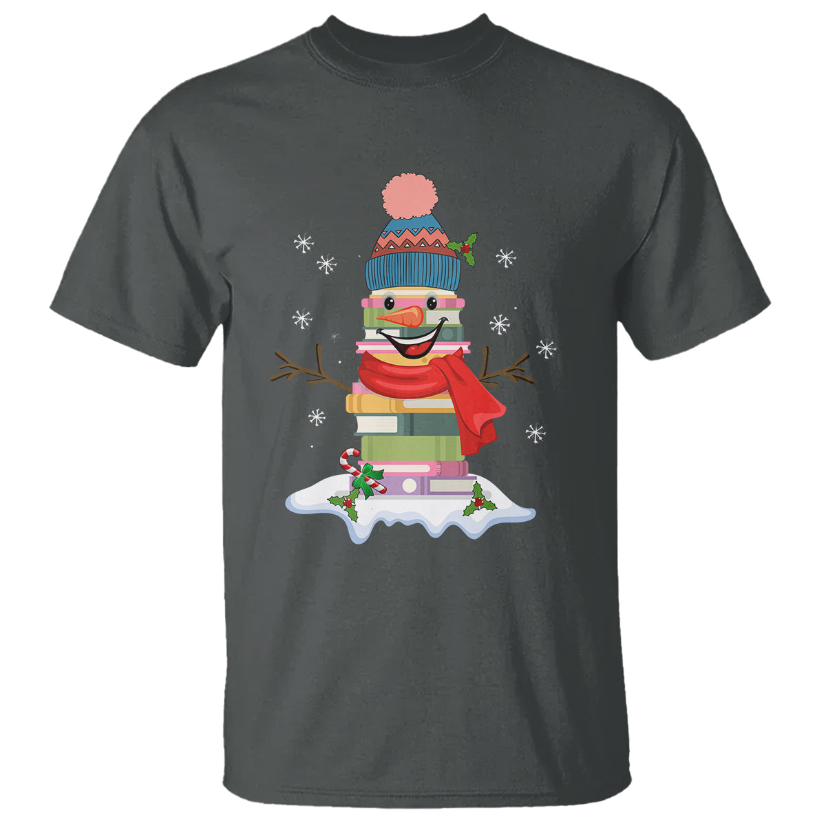 Christmas T Shirt Snowman Library Book Stack Winter Librarian - Wonder Print Shop