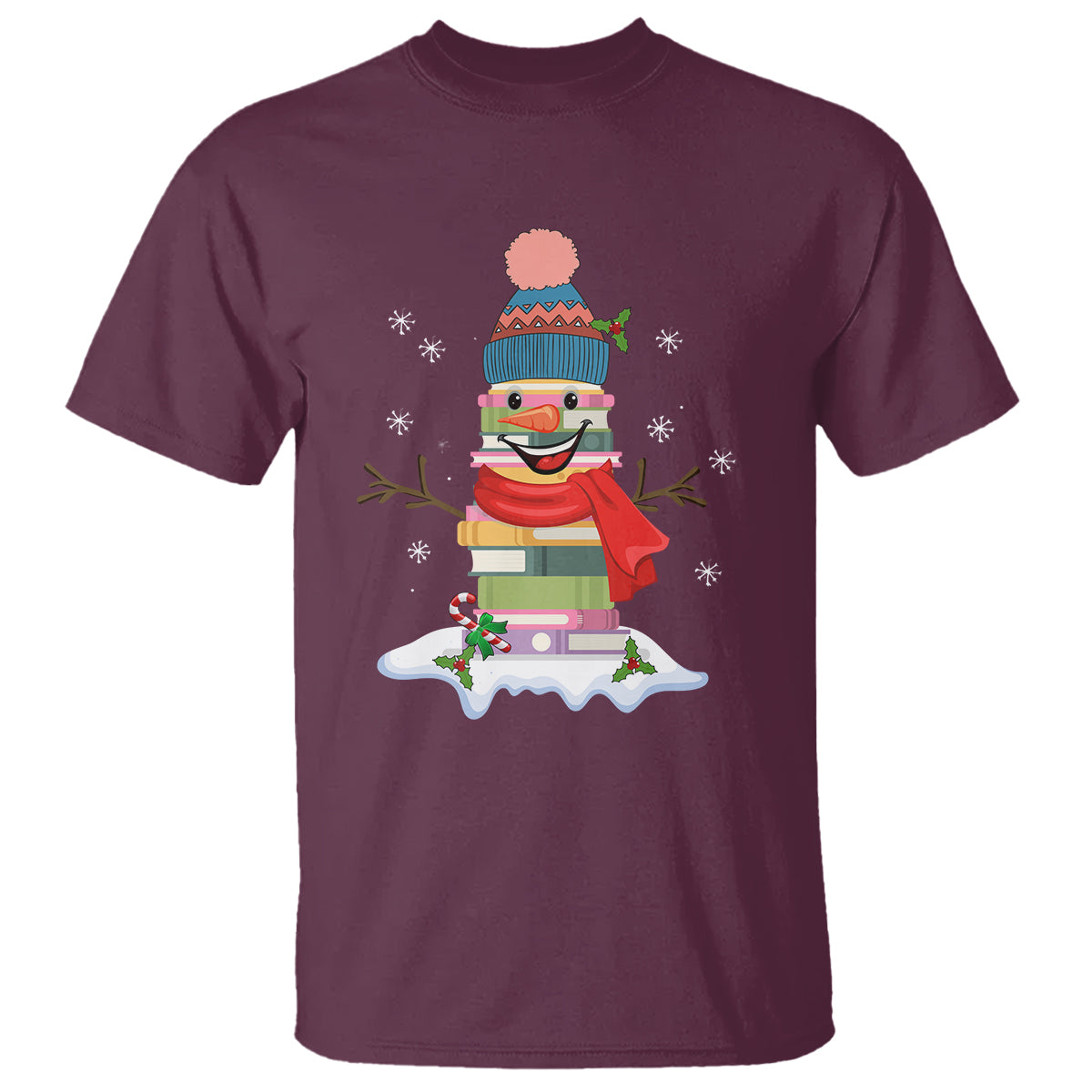 Christmas T Shirt Snowman Library Book Stack Winter Librarian - Wonder Print Shop