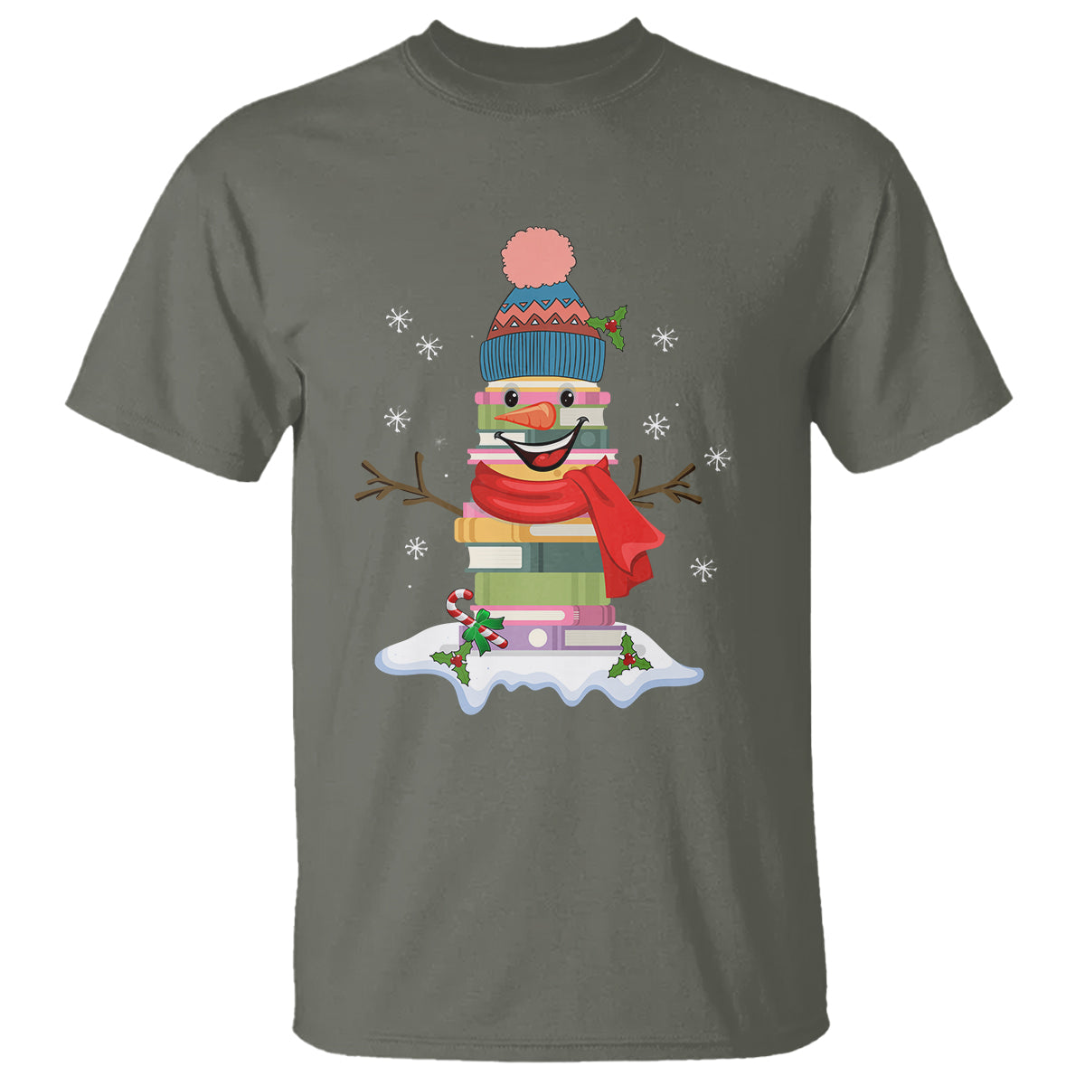 Christmas T Shirt Snowman Library Book Stack Winter Librarian - Wonder Print Shop