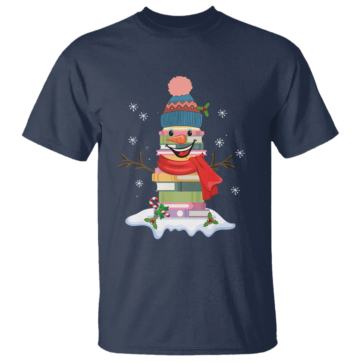 Christmas T Shirt Snowman Library Book Stack Winter Librarian - Wonder Print Shop