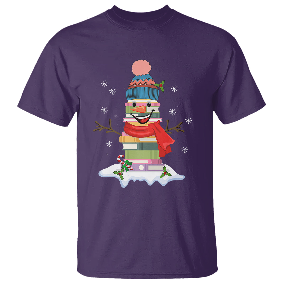 Christmas T Shirt Snowman Library Book Stack Winter Librarian - Wonder Print Shop