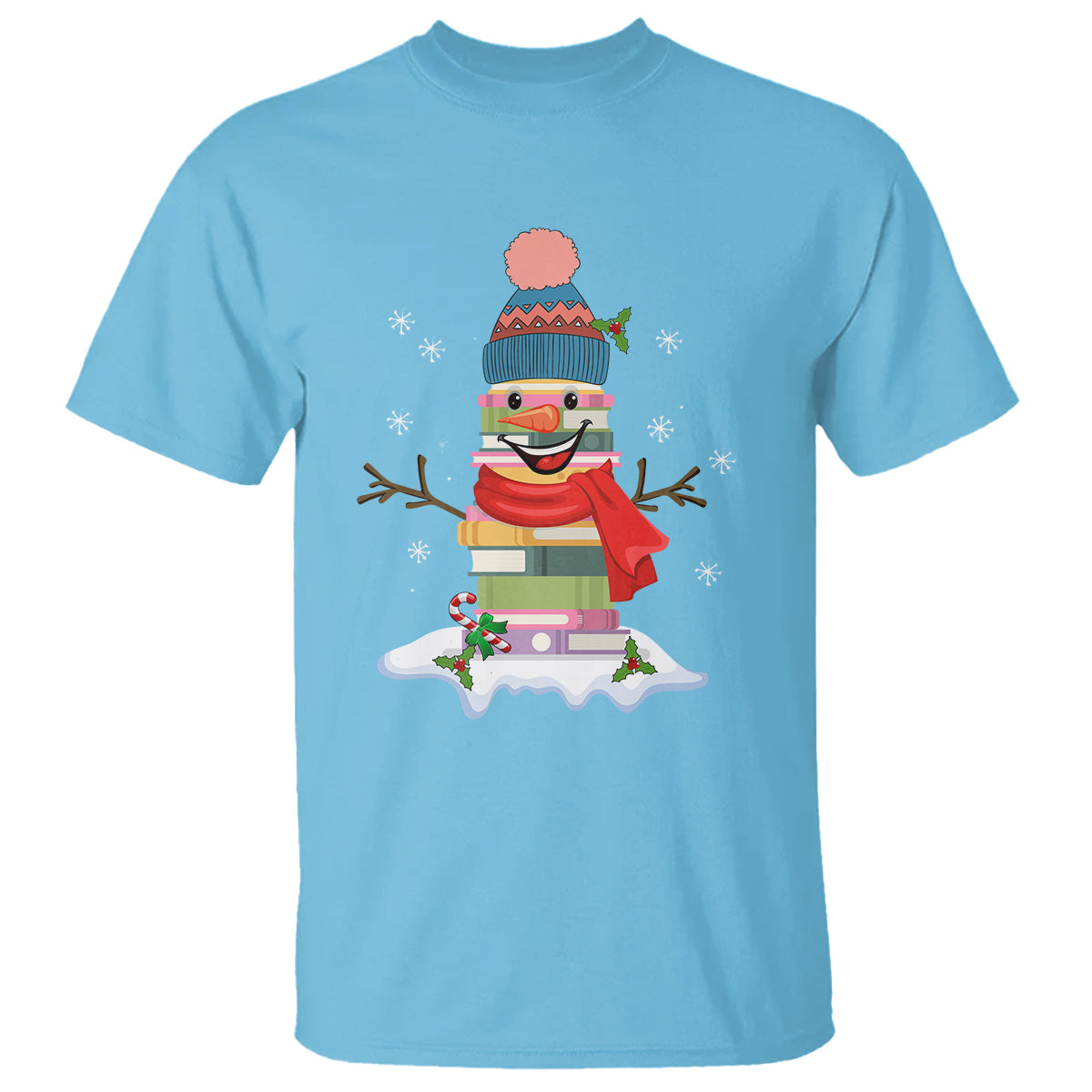 Christmas T Shirt Snowman Library Book Stack Winter Librarian - Wonder Print Shop