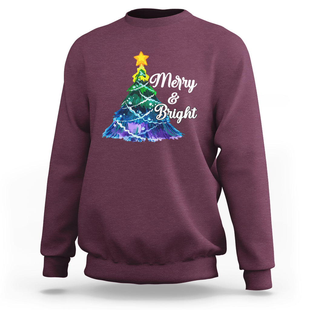 Merry And Bright Colorful Christmas Tree Xmas Holiday Sweatshirt - Wonder Print Shop