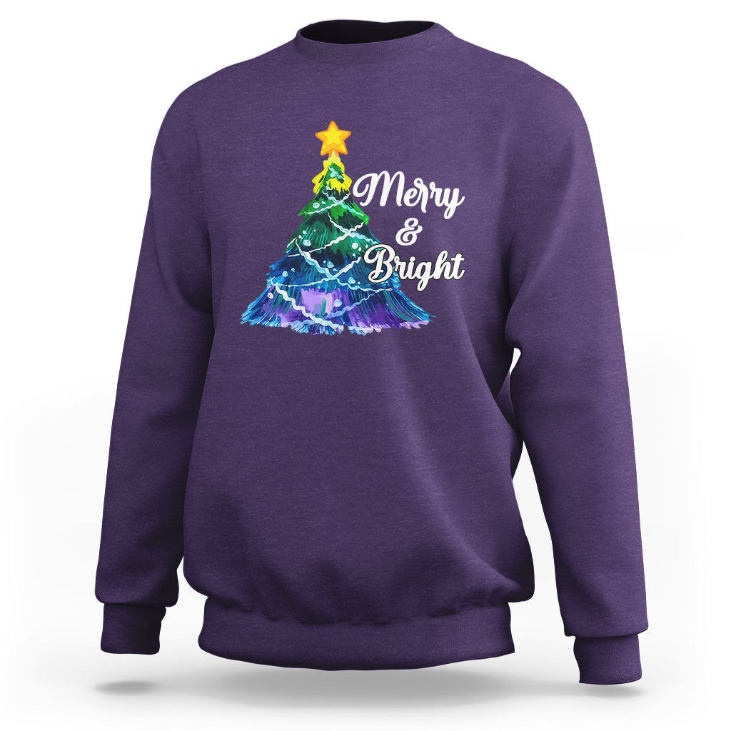 Merry And Bright Colorful Christmas Tree Xmas Holiday Sweatshirt - Wonder Print Shop
