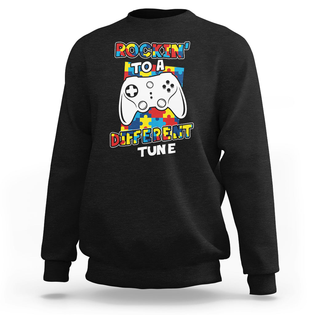 Autism Awareness Sweatshirt Rocking To A Different Tune Autistic Gamer - Wonder Print Shop