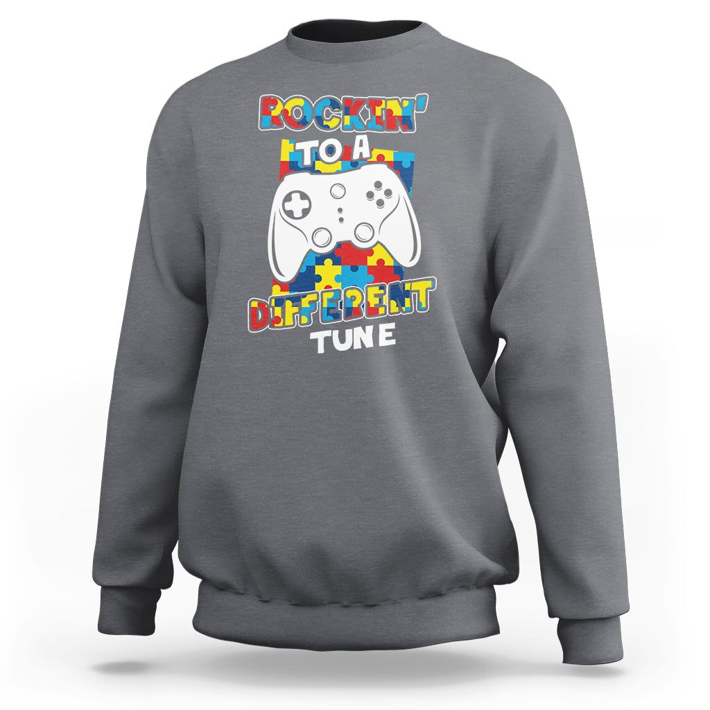 Autism Awareness Sweatshirt Rocking To A Different Tune Autistic Gamer - Wonder Print Shop