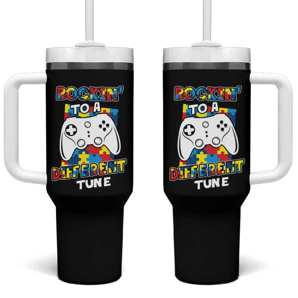 Autism Awareness Tumbler With Handle Rocking To A Different Tune Autistic Gamer
