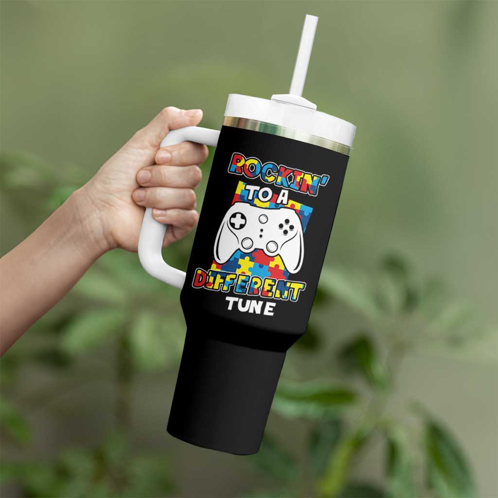 Autism Awareness Tumbler With Handle Rocking To A Different Tune Autistic Gamer